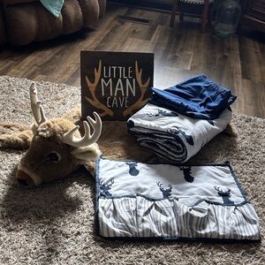 Navy and White Deer Themed Crib/toddler Bedding Set
